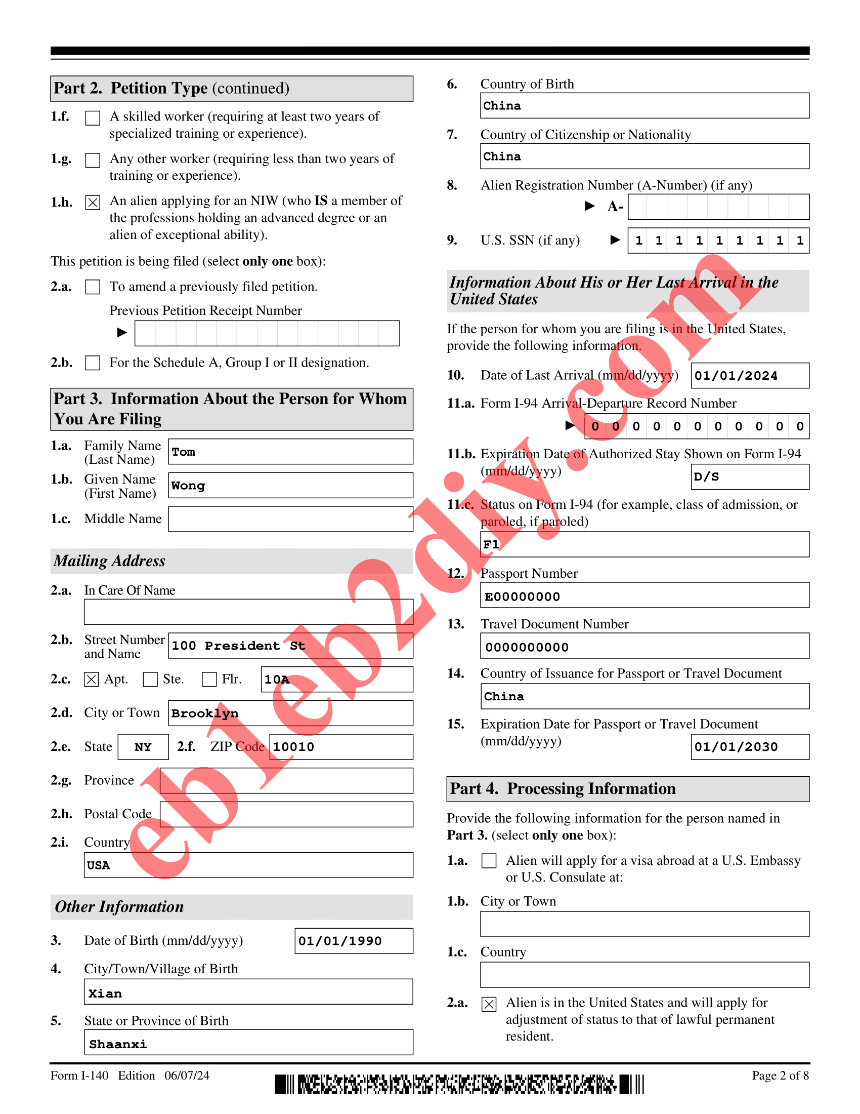 Page 2 of Filled Sample I-140