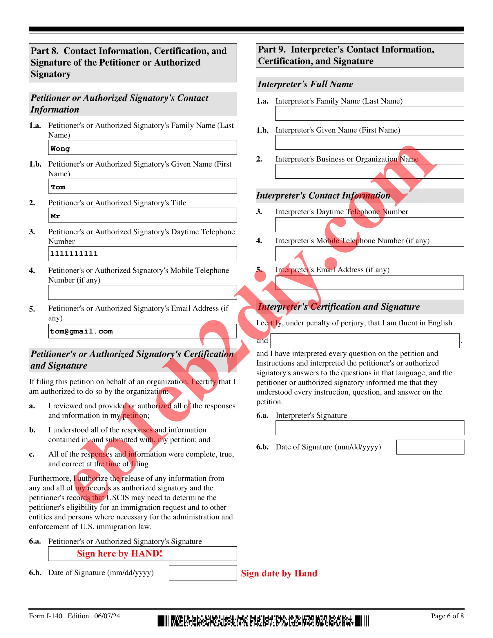 Page 6 of Filled Sample I-140