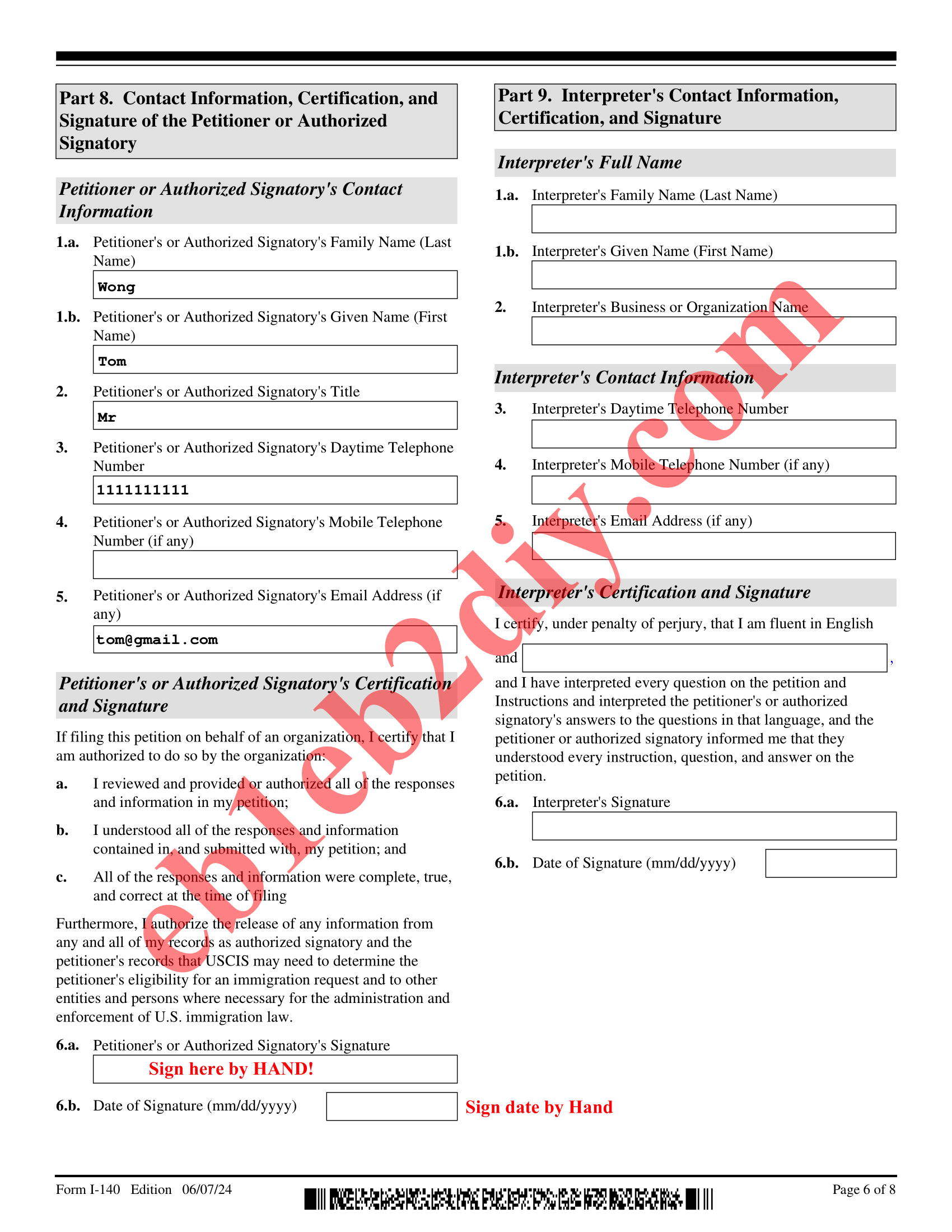 Page 6 of Filled Sample I-140