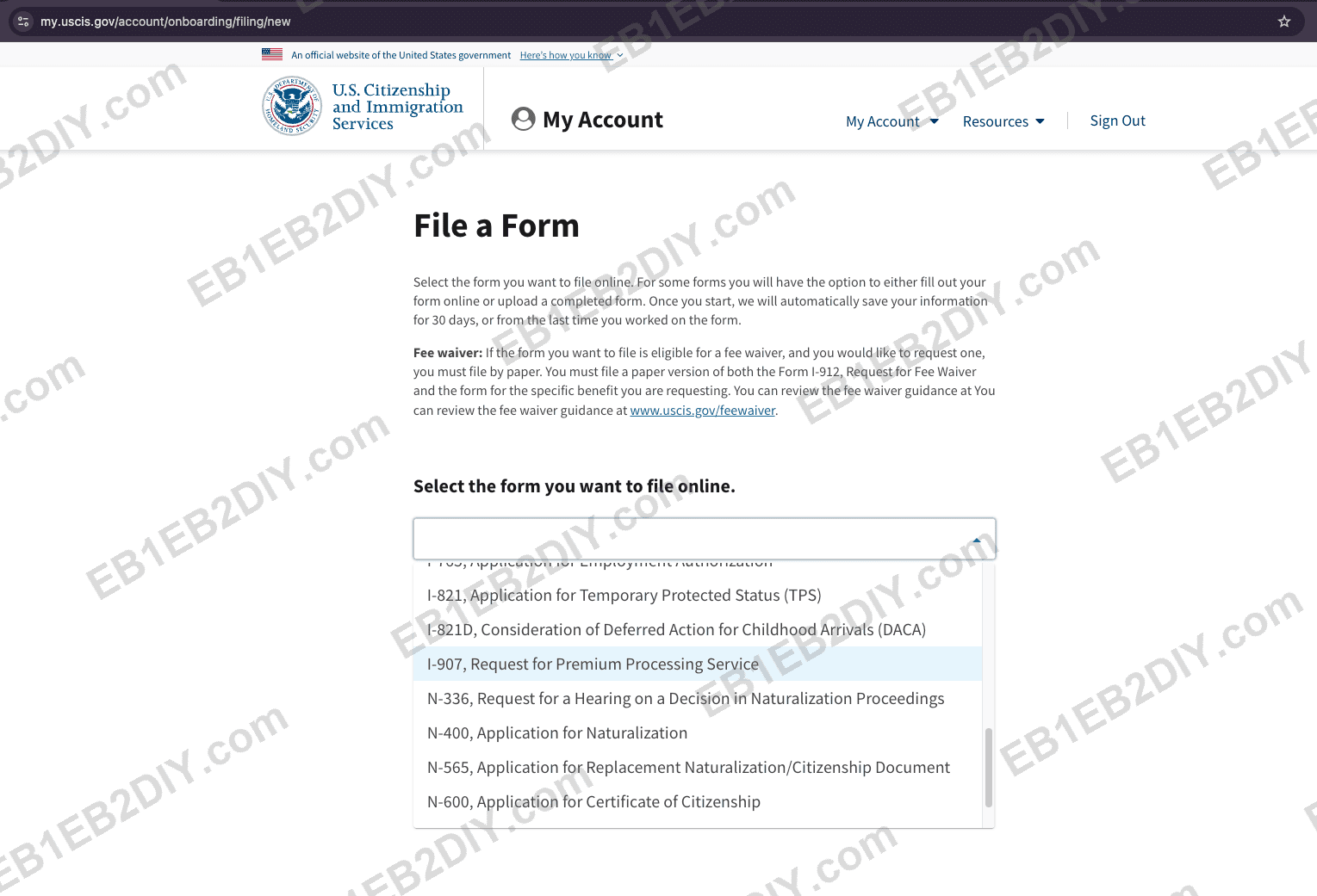 Selecting I-907 in the File a Form list