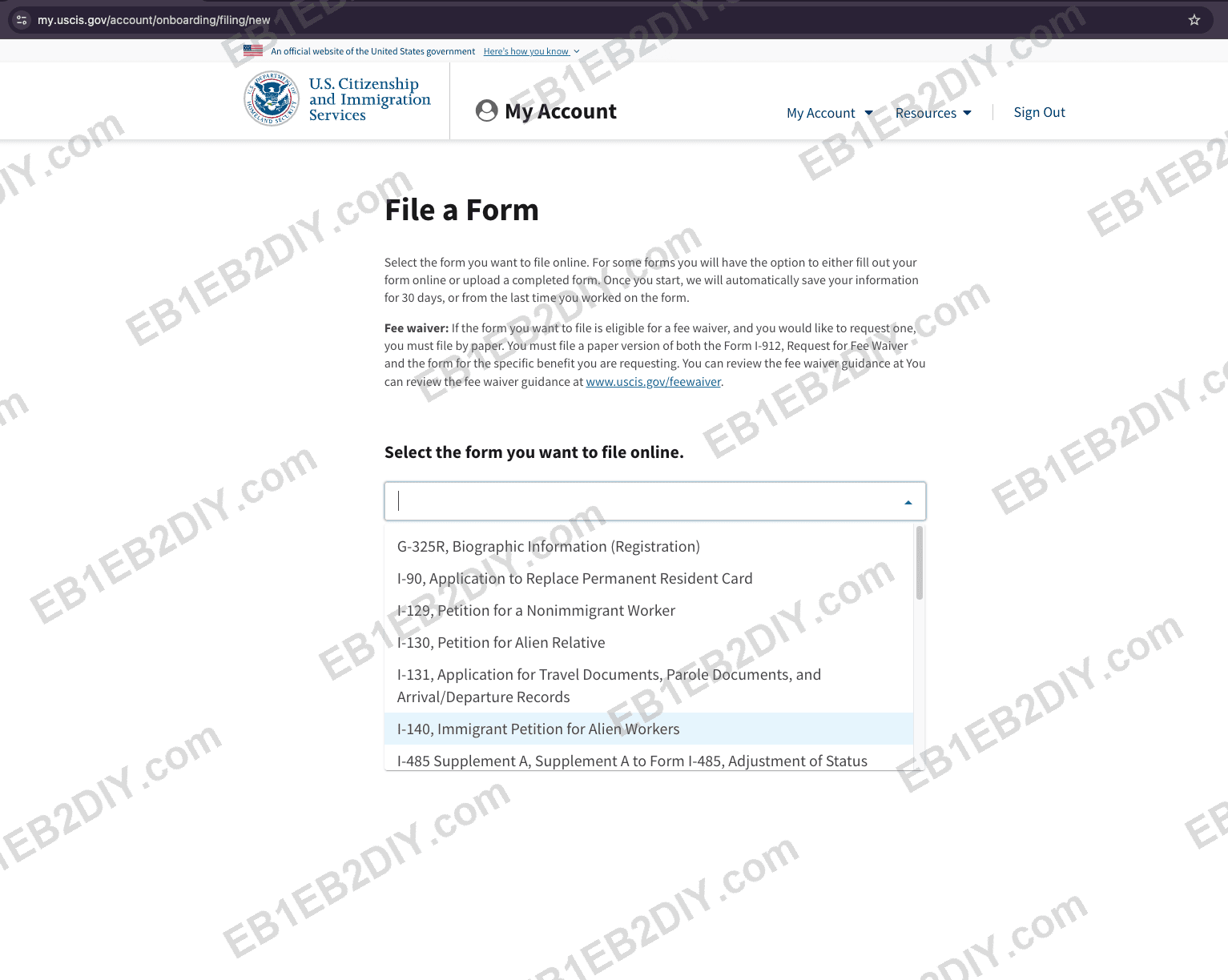 Selecting I-140 in the File a Form list