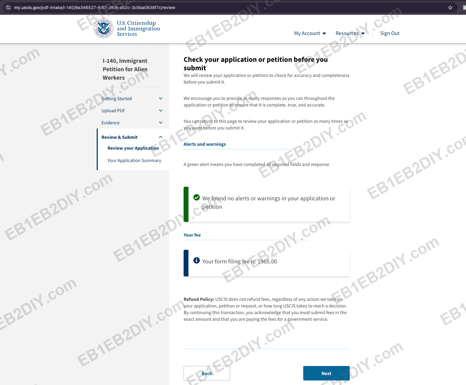 Review screen showing no alerts and a $965 fee